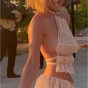 Sydney Sweeney beach Cream Ruffled Halter Top and Skirt Set